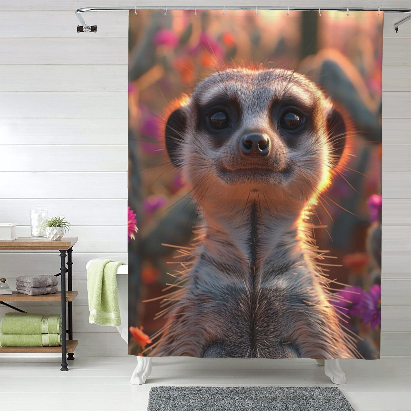 MXZERFKGLA Shower Curtain Set with 12 Hooks Waterproof Fabric Washable Curtain Modern Farmhouse Bath Curtains Meerkats Shower Curtains for Bathroom Bathtub Decoration 60x72 Inches