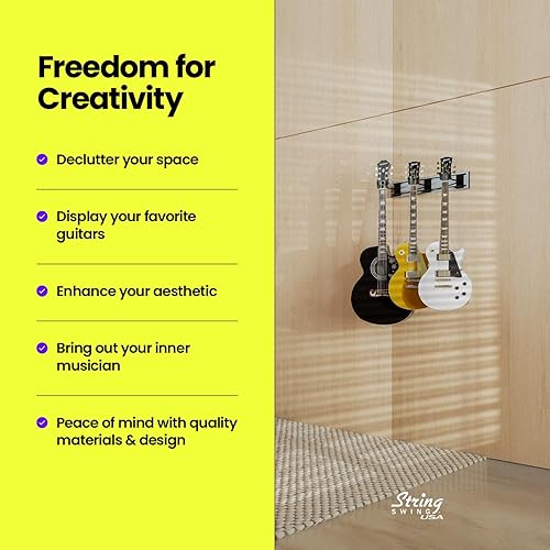 Vista 12 de String Swing Estante de pared para guitarra, soporte de pared para guitarra múltiple, organizador de guitarra para guitarras acústicas y eléctricas