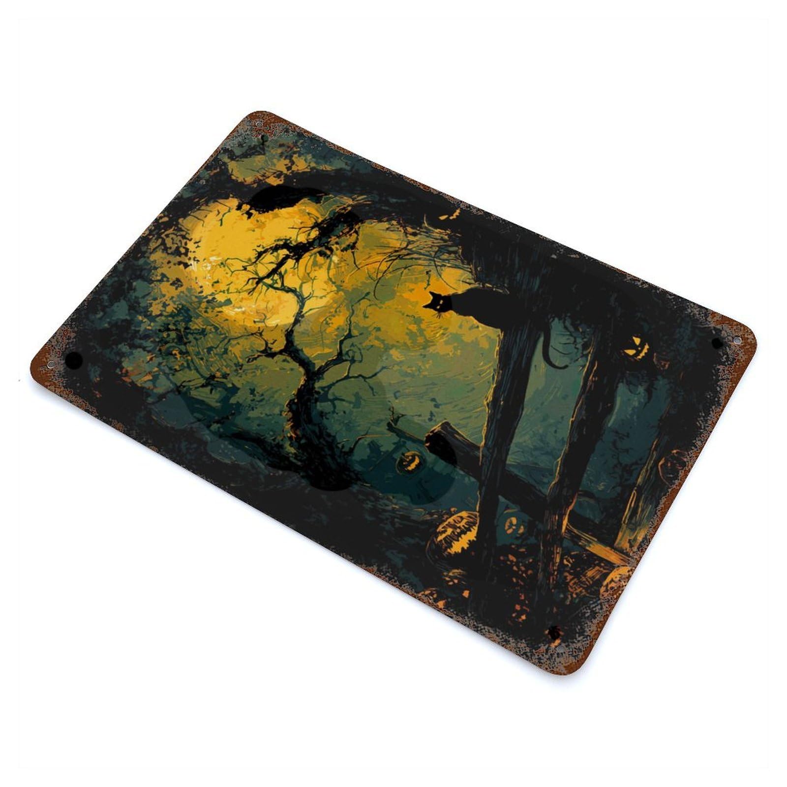 Rust Effect Halloween Night Cat And Pumpkins Weathered Tin Sign 11.8"x7.9", Shabby Chic Decor for Cafe, Home Bar And Lounge Decor