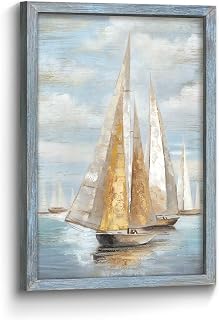 Ocean Sailboat Seascape Wall Art: Rustic Sea Boat Wooden Framed Scenery Painting Prints Coastal Beach Seaside Relaxing Landscape Picture Artwork for Bedroom Bathroom Living Room 11x16 Inch