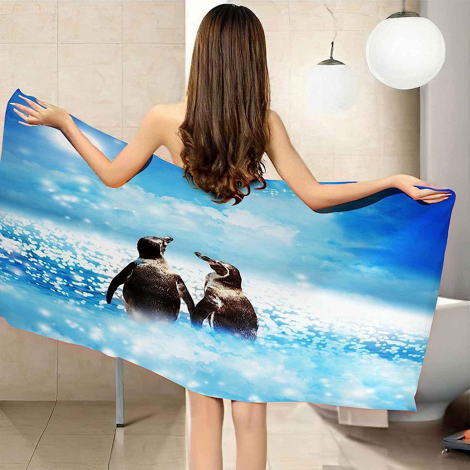 Telo Mare Microfibra,Grande,Asciugamano Microfibra, 200 X 200 Cm, Senza Sabbia, Super Leggero, Per Piscina, Campeggio, Picnic, Yoga, Palestra, Pinguino Animale Acqua Blu -4D8G-W2Z