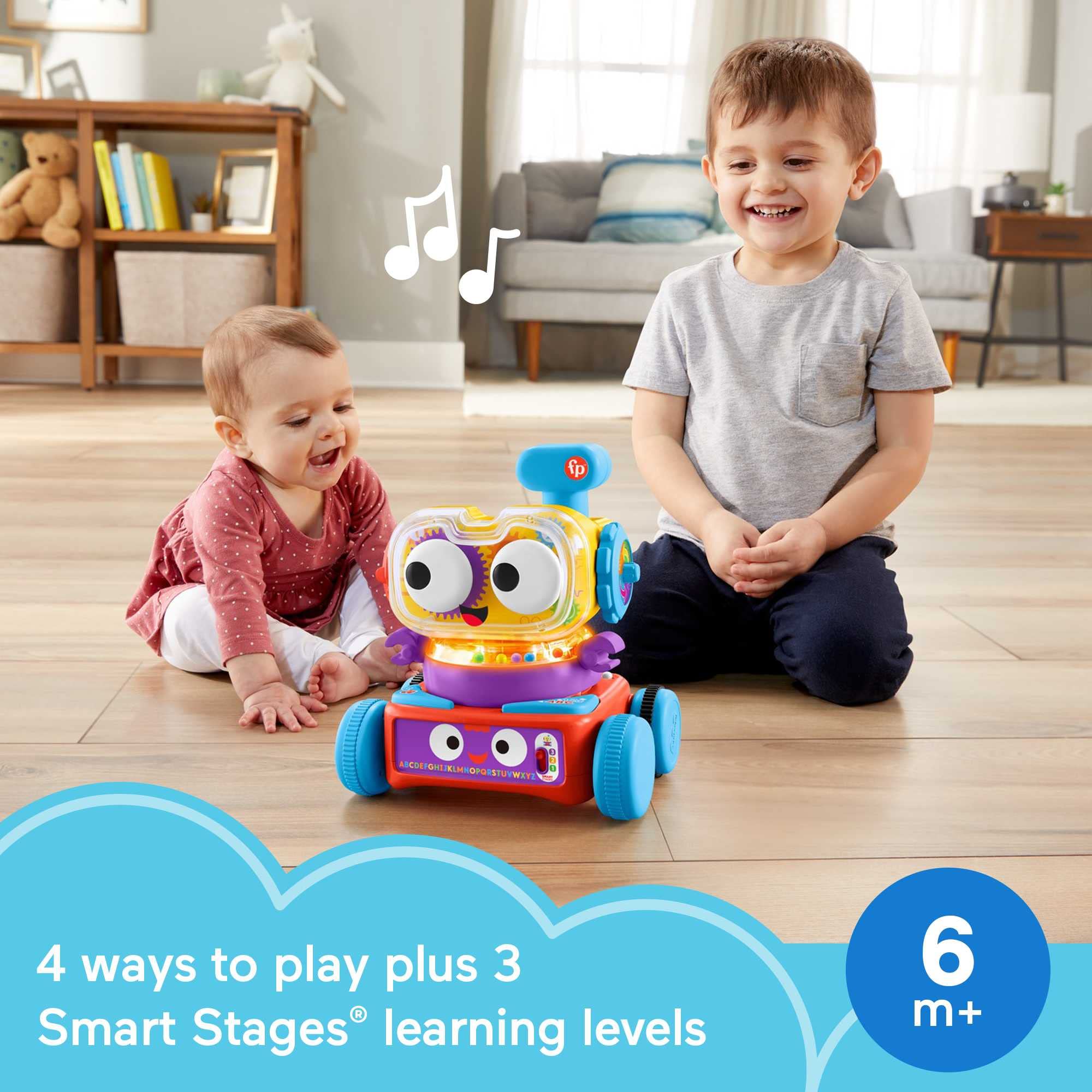 Fisher-Price Tino Robottino 4-in-1, Bambini Giocatolo Educativo con Tecnologia Smart Stages con Oltre 120 Suoni, Giocattolo per Bambini 6+ Mesi HDJ16, Edizione: UK-Inglese, HBB04