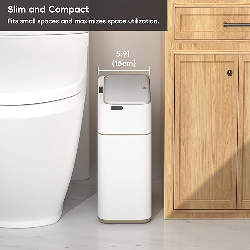 Miniatura 3 de EKO Basurero automático para baño con tapa, cubo de basura sin contacto de 2.1 galones con cubo extraíble, cubo de basura delgado de acero