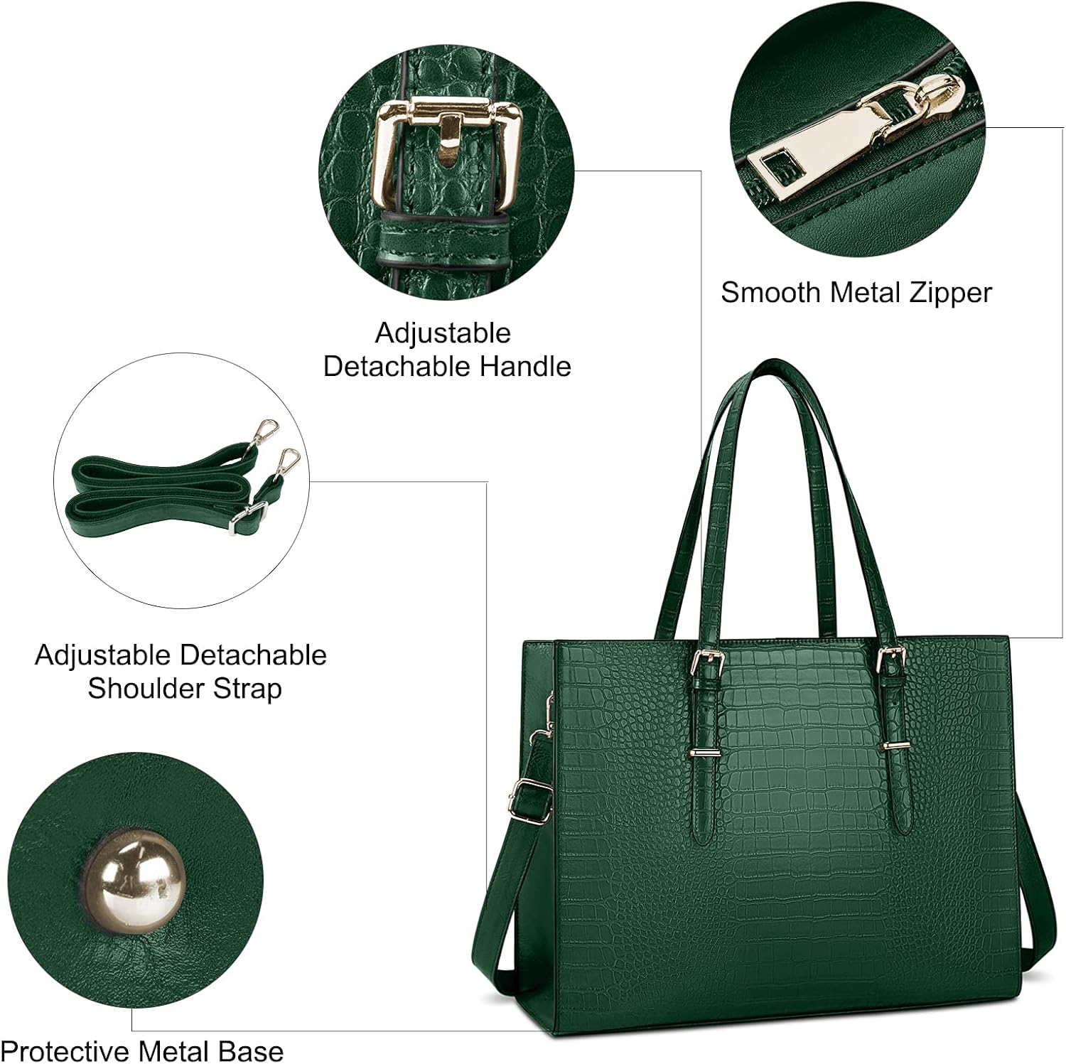Laptop Bag for Women 15.6 Inch Laptop Tote Bag Leather Classy Computer Briefcase for Work Waterproof Handbag Professional Shoulder Bag Women Business Office Bag Large Capacity Green - Image 4