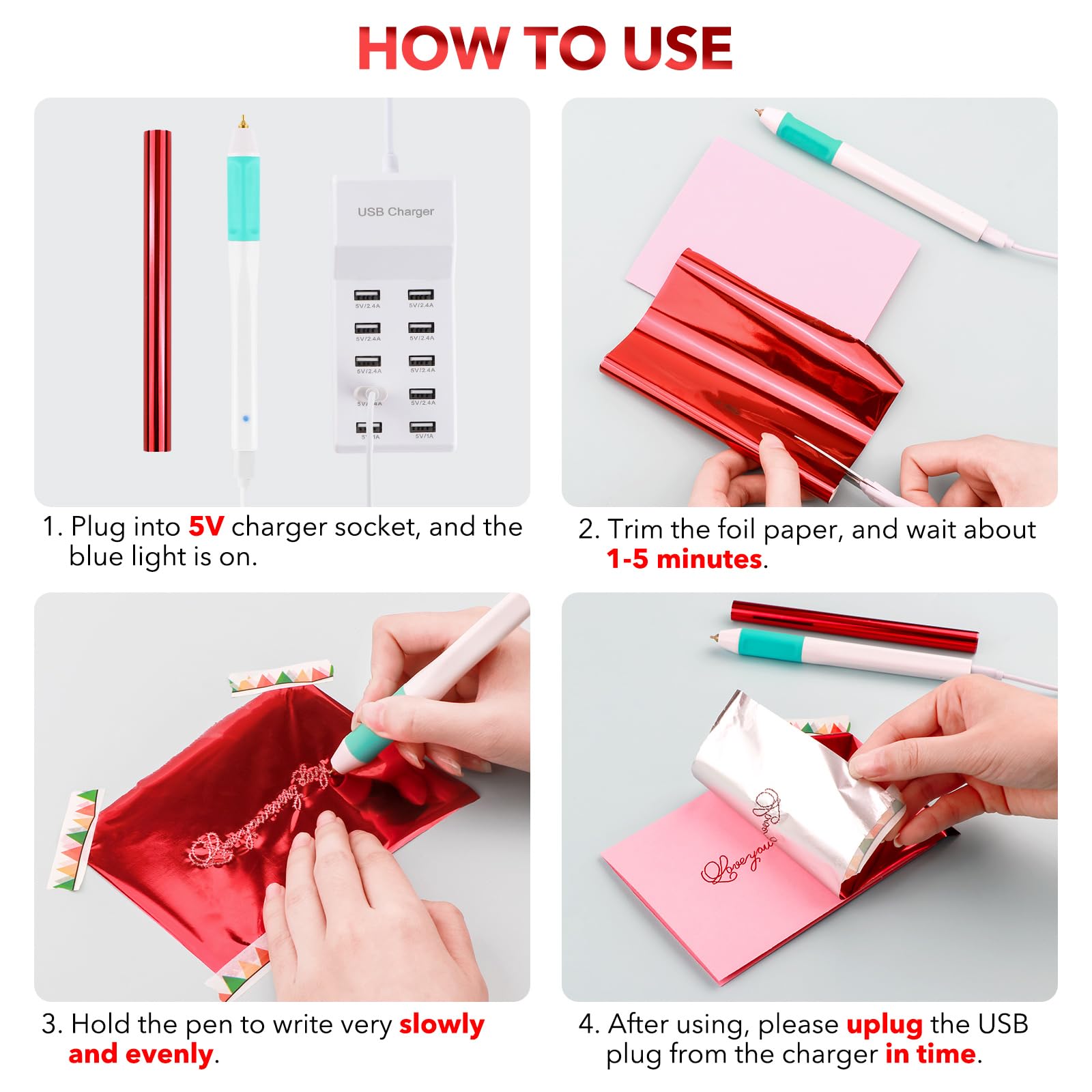 7 pennarelli termoadesivi e rotolo di lamine termoadesive per creazione di biglietti, artigianato, scrapbooking, penna da disegno con cavo USB DC5V per scrivere