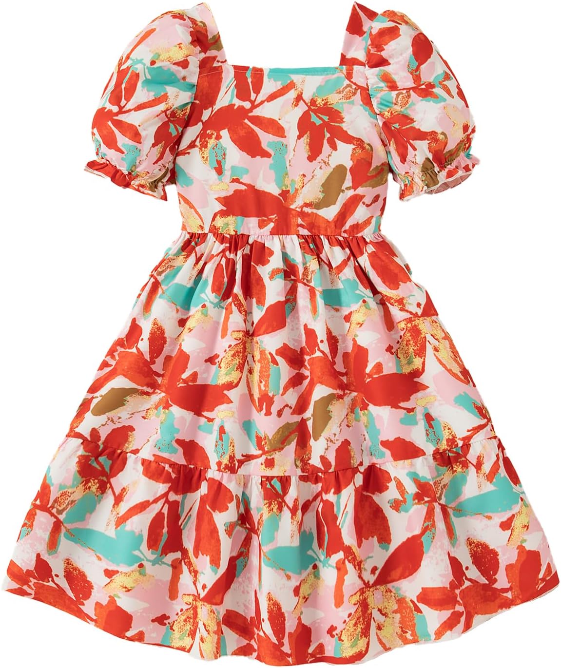 Girls Dresses Square Neck Puff Short Sleeve Floral Print Casual Dress for 8-12 Years