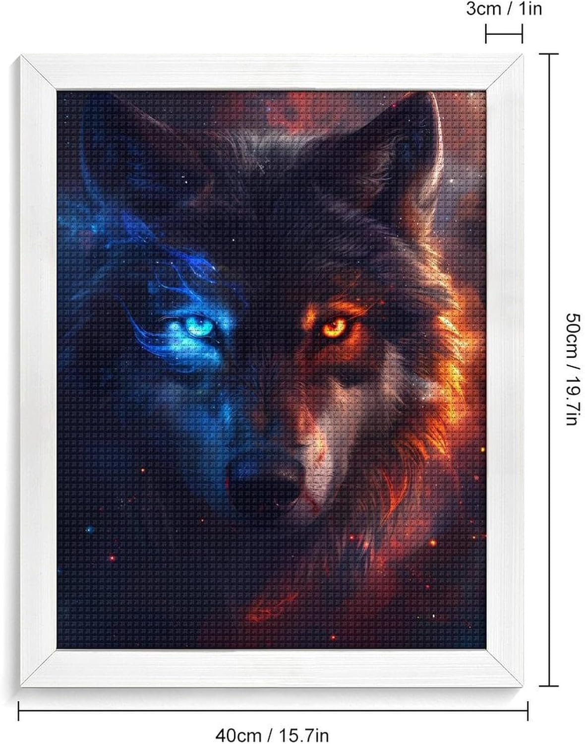 Wolf with Blue And Orange Eyes Diamond 5D Painting Kits with Frame DIY Full Round Drill Gem Art Crafts for Home Wall Decor 16 X 20in White Wood 40 * 50cm