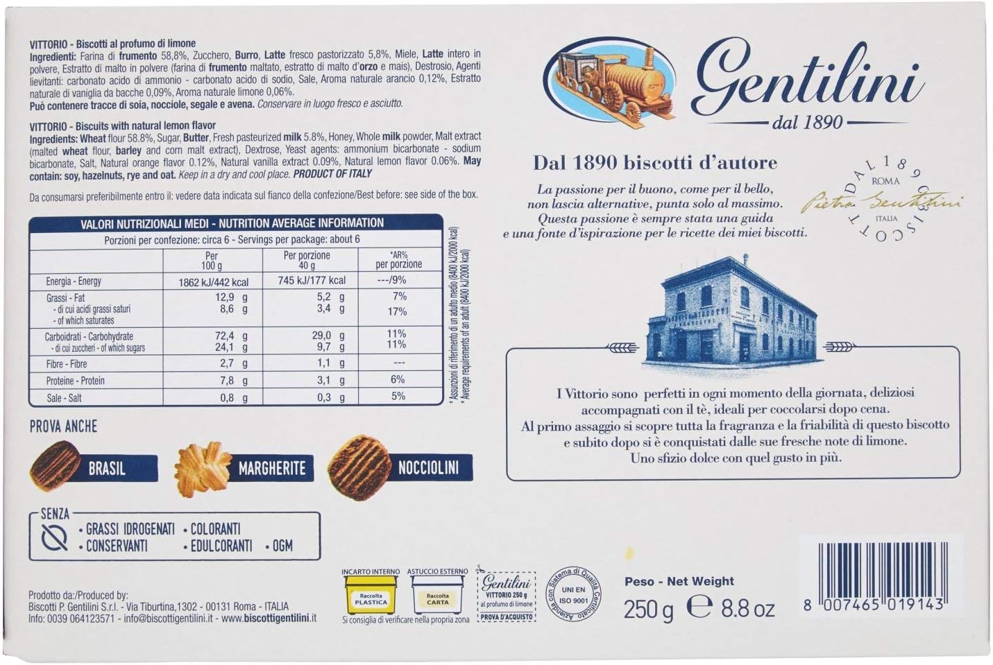 Gentilini Biscotti Vittorio al Profumo di Limone, Antica Ricetta Originale 250g [CAIYA® BOX da 8 Confezioni]