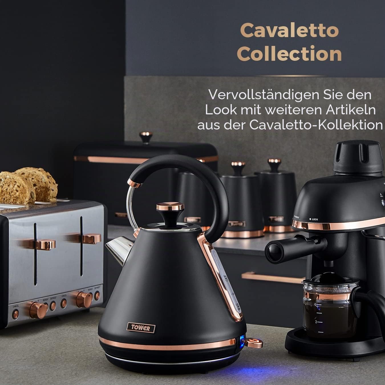 Tower T826130BLK Cavaletto Brotkasten-Aufbewahrung, Karbonstahl, Abnehmbarer Deckel, Schwarz und Rotgold, 23 x 35 x 24 cm