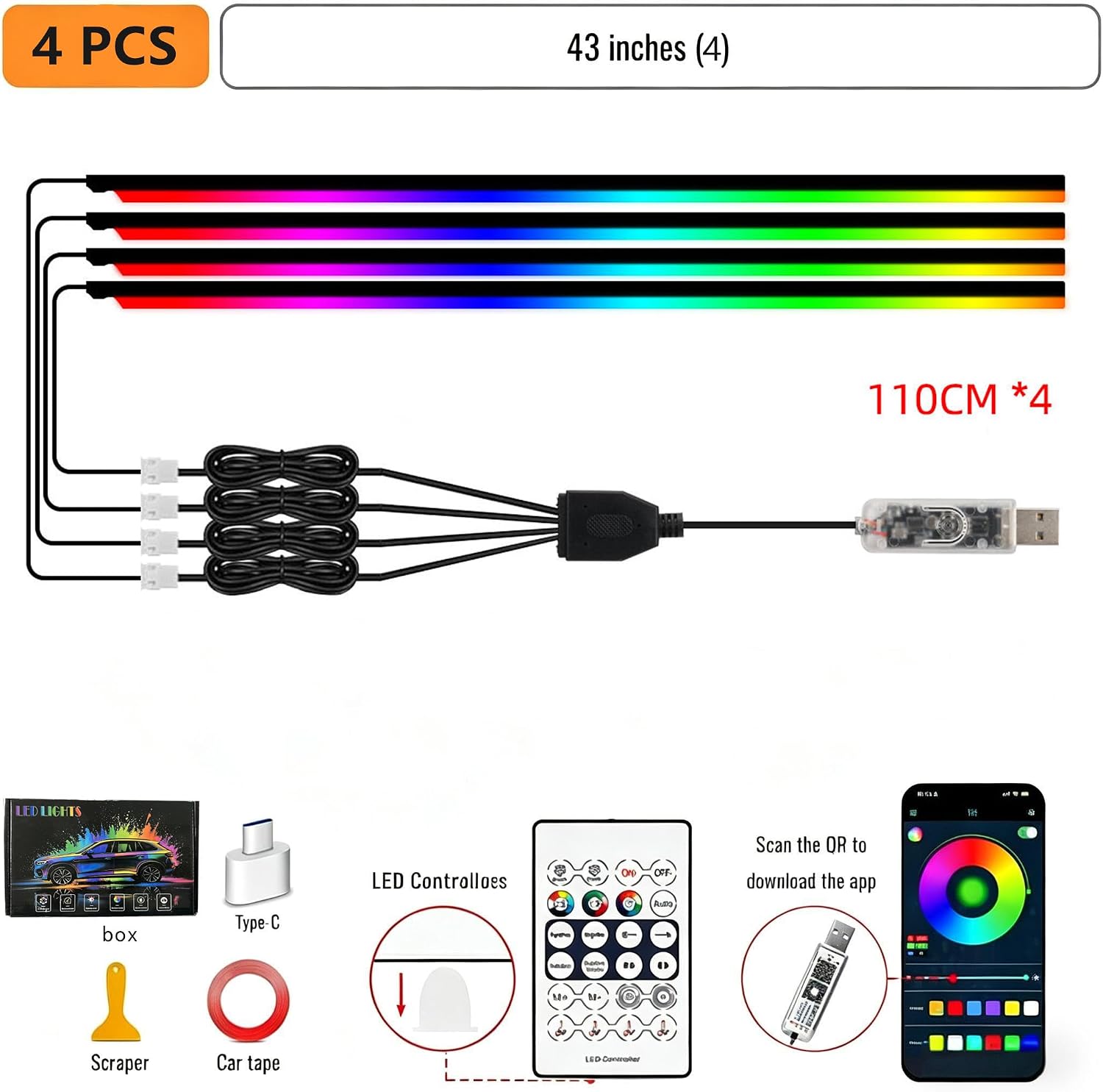 Car Interior Ambient Lighting Kit, Acrylic LED Strip Lights 43.3in 4 in 1, APP & Remote Control, RGB Music Sync Neon Light, USB Powered Flexible Car Lights for Dashboard, Door, Universal Fit