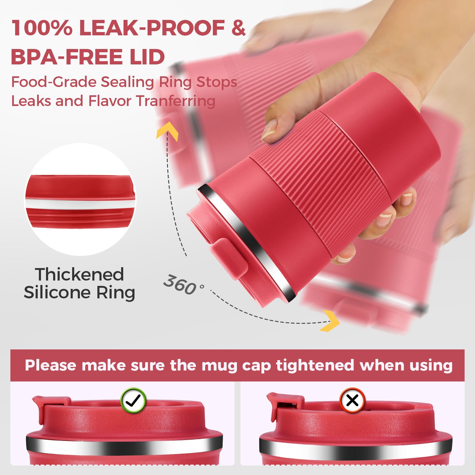 Volhoply 380ml 13oz Stainless Steel Insulated Travel Coffee Mug with Fip Lid Bulk 2 Pack,Reusable Double Wall Vacuum Metal Coffee Cup,Portable Leak Proof Tumbler for Hot & Cold Drinks(Red,2) - Image 4