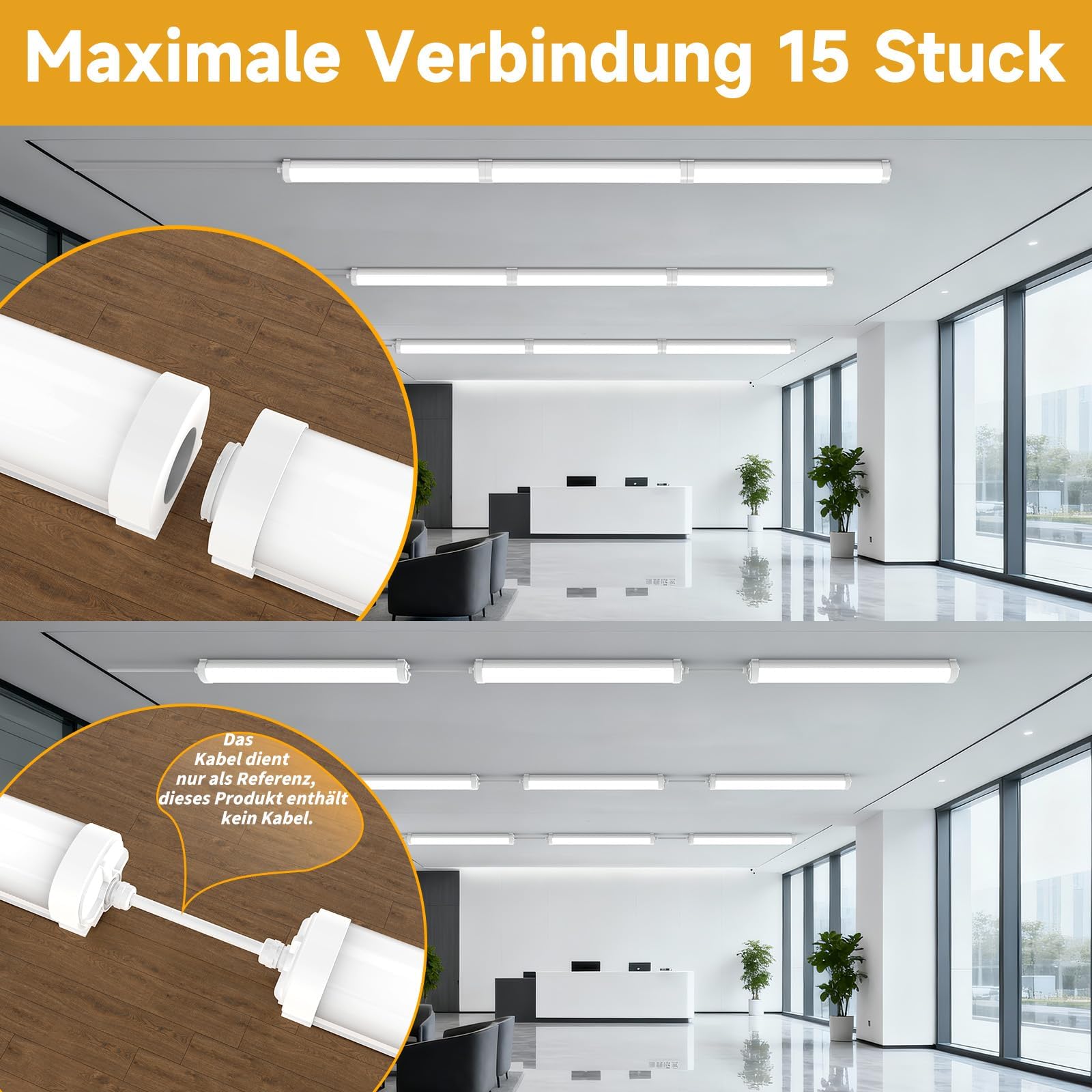 4er-Set LED Feuchtraumleuchten 150cm 45W, 4000K Neutralweiß 5620lm, IP65 Wasserdicht, Verknüpfbar, Deckenleuchte für Garage, Keller, Werkstatt, Bad & Büro