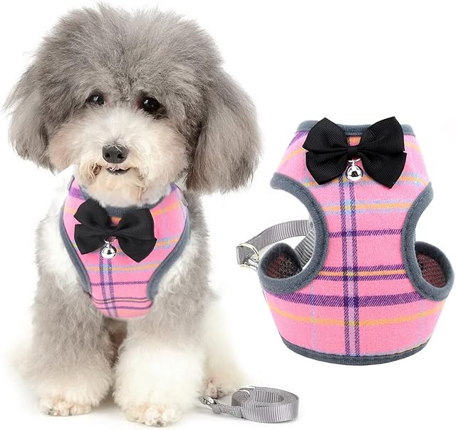 Zunea No Pull Small Dog Harness and Lead Sets Adjustable Soft Mesh Plaid Tuxedo Vest Clothes with Bowtie and Safety Bell for Puppy Chihuahua, Escape proof Cats Harnesses for Walking Pink S