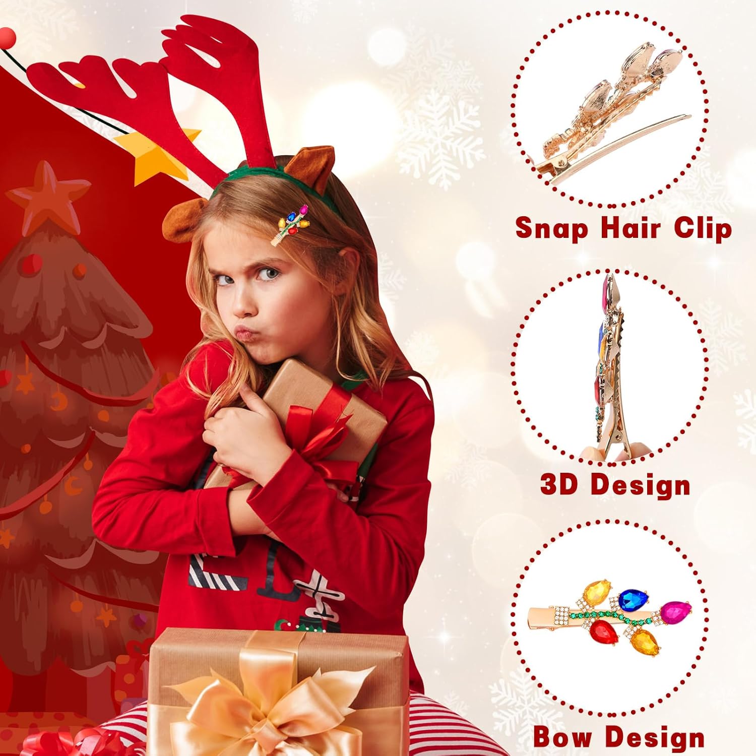 AUGSUN 8Pcs Christmas Rhinestone Hair Clips Barrettes Xmas Crystal Snowflake Wreath Reindeer Bell Hairpins Festival Costume Accessories for Girls Women Christmas Holiday Party Gifts - Image 4