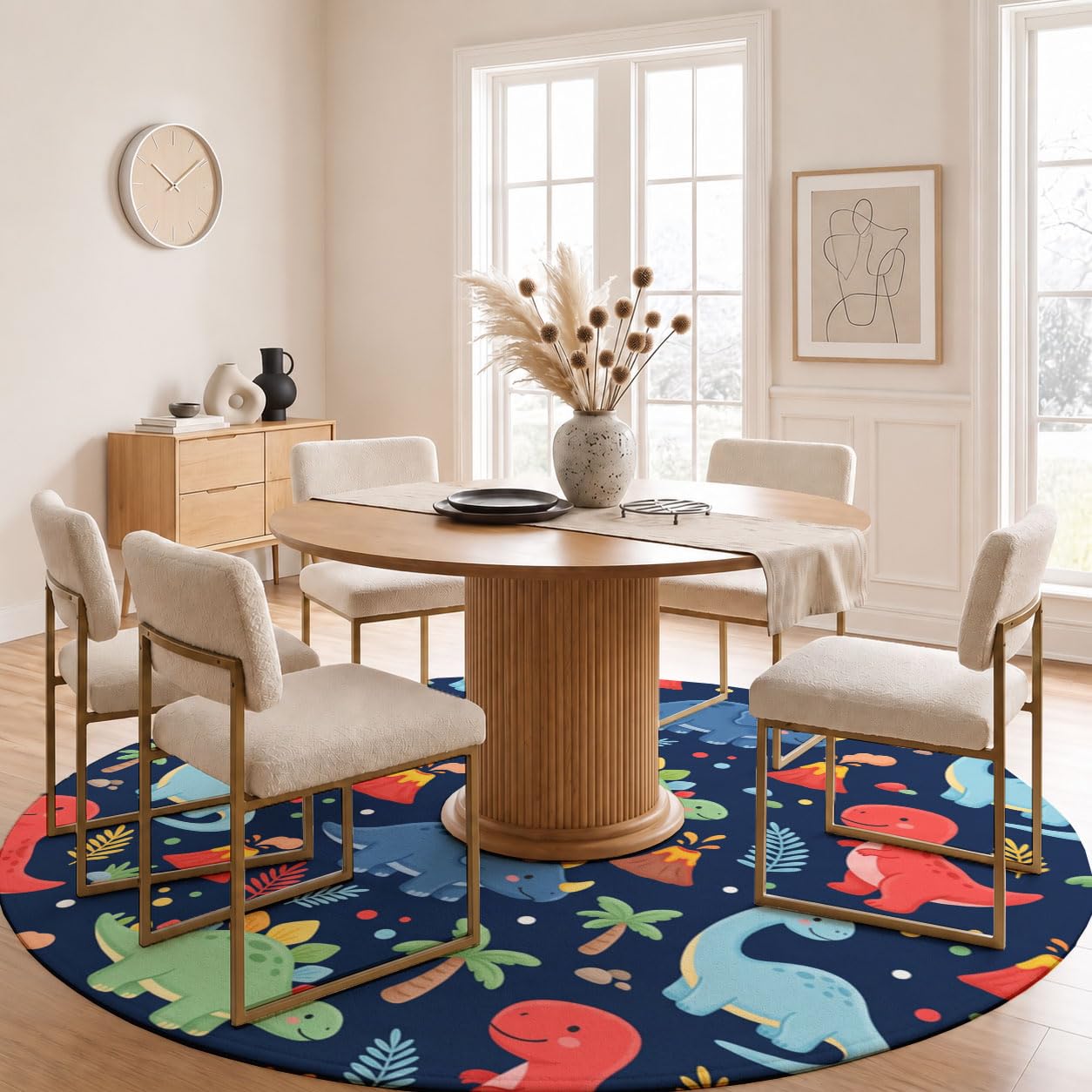 Tapis Rond Lavable Dinosaures Volcans Plantes 120cm | Tapis Animaux De Dessin Animé Mignons Antidérapants Salon Lavable en Machine pour pour Salle à Manger, Entrée, Cuisine, Bleu Marine