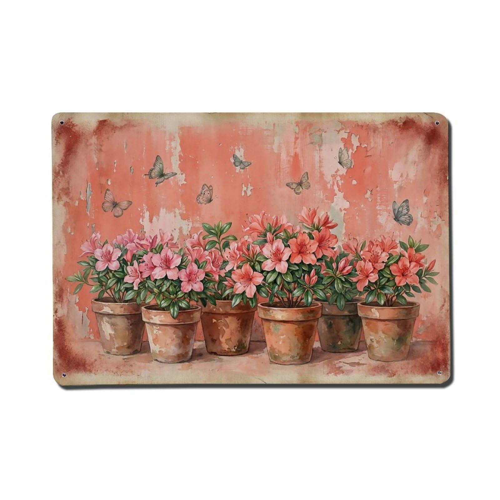 Vintage Rustic Flower Potted Plants Azalea Metal Tin Sign