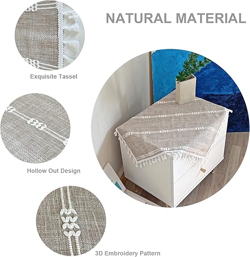 Miniatura 3 de Mantel cuadrado de lino café claro bordado para mesita de noche, lavable, resistente a las arrugas, para decoración de mesa de noche, 24 x 24