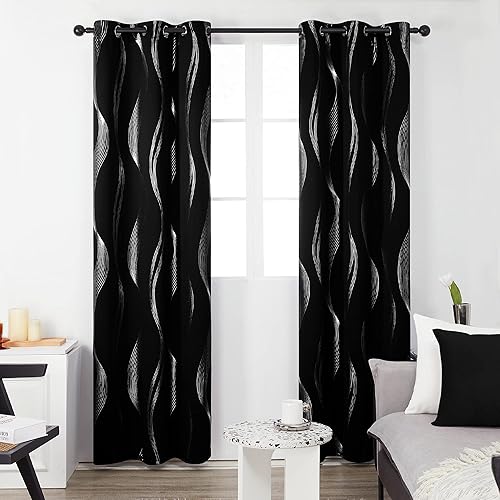 Miniatura 2 de Deconovo - Cortinas opacas con estampado de ondas plateadas, con ojales y aisladas térmicamente, reductoras de ruido para dormitorio y sala de