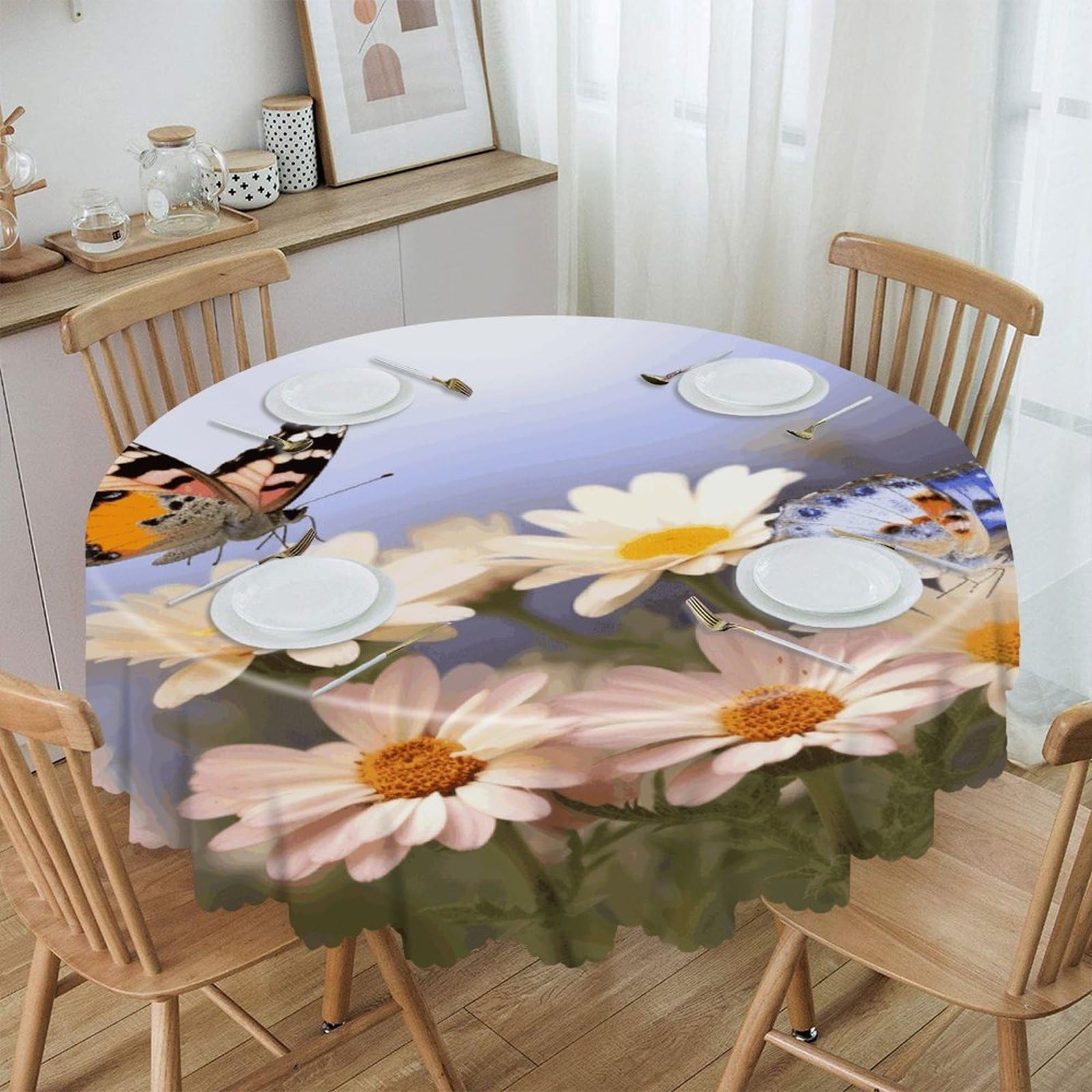 FekiLoot Butterfly Daisy Round Tablecloth 60 Inch Waterproof Heavy Duty Table Cloth Spillproof Washable Table Cover Wrinkle Resistant Tablecloths Decorative Table Cloths
