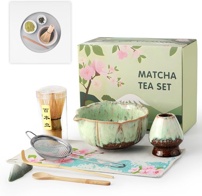 Matcha Whisk Set, 8 Pcs Matcha Kit with Bowl and Whisk Holder, Ceramic Japanese Complete Macha Starter Kit for Beginners, Christmas Gift for Macha Lovers（Green）