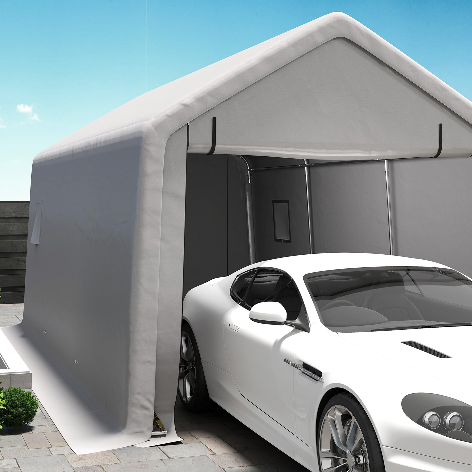 Outsunny Carport Tente de Garage 3 x 5,2 m, abri Voiture extérieur, Tente de Stockage avec Porte Enroulable Amovible, pour Camion, Bateau, Gris