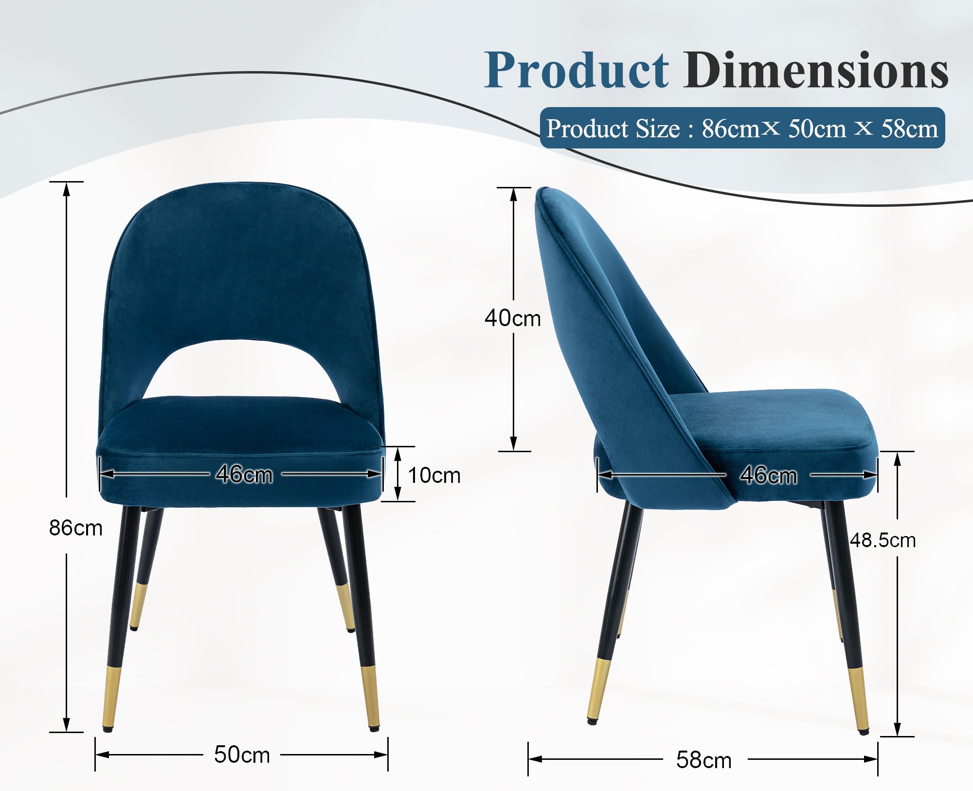 Ya-Home Set di 2 Sedie da Pranzo in Velluto con Gambe in Metallo, Blu | Sedia da pranzo moderna con gambe in metallo, sedia da cucina con cuscino imbottito e schienale design