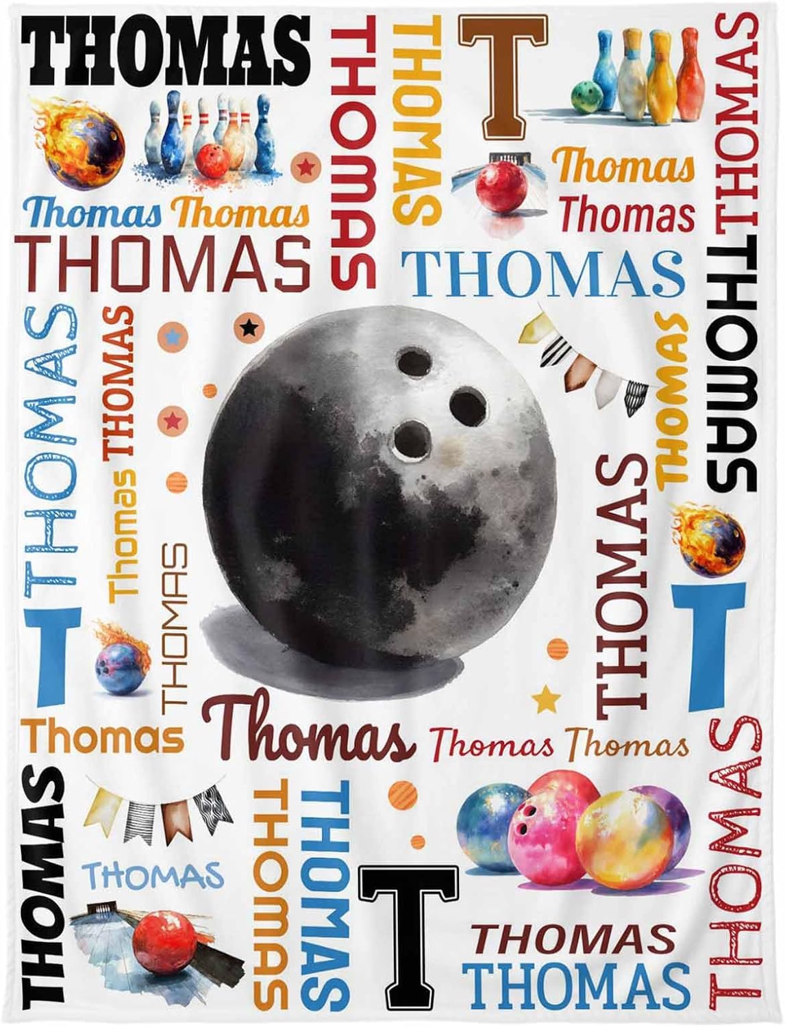 Shipped Next Day, Personalized Bowling Gifts for Men Women, Custom Bowling Blanket with Name, Customized Sport Pattern Throw Blanket for Home Decor, 50''x60''