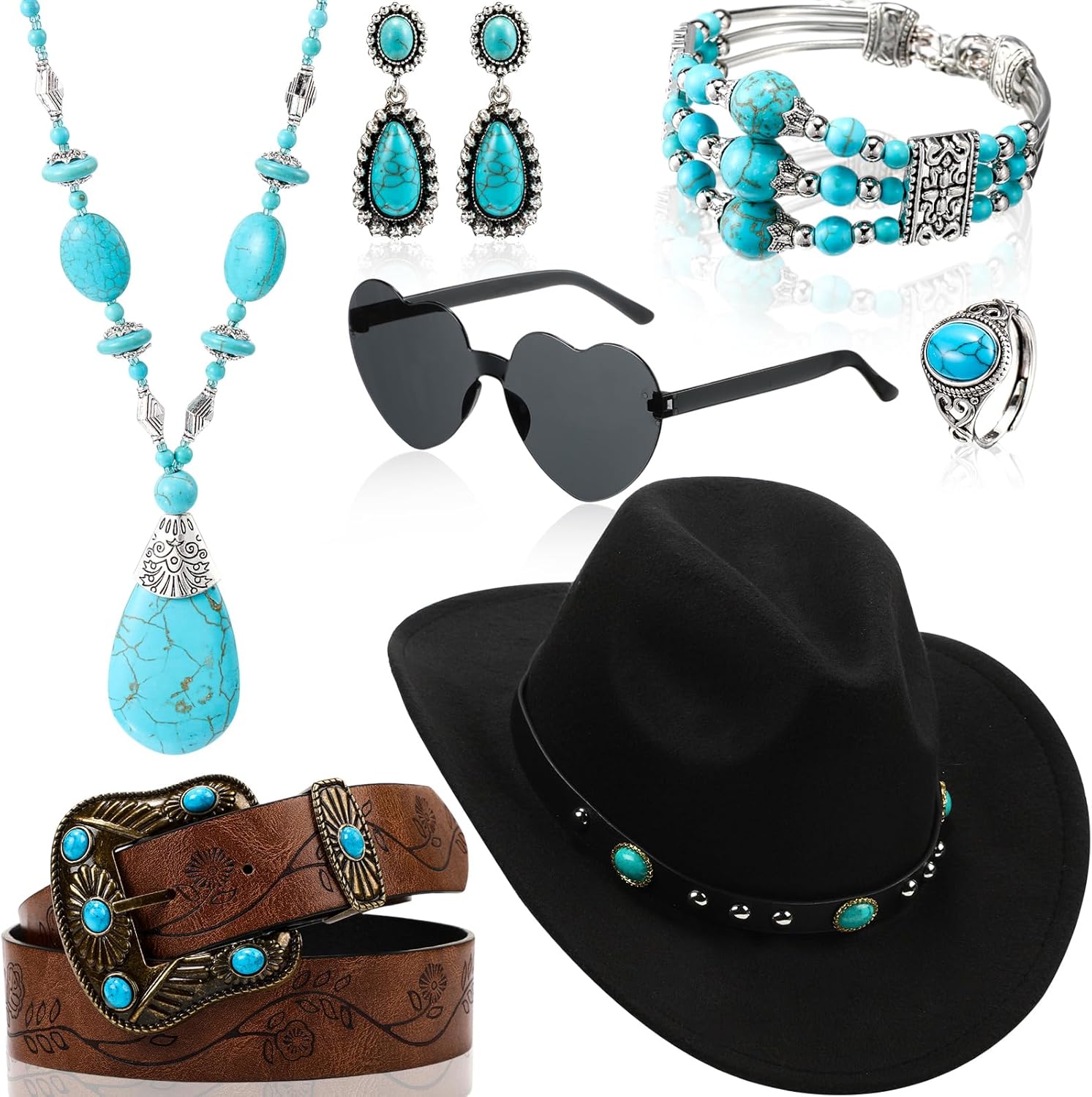 7 piece Western jewelry set with cowboy hat, belt, sunglasses.