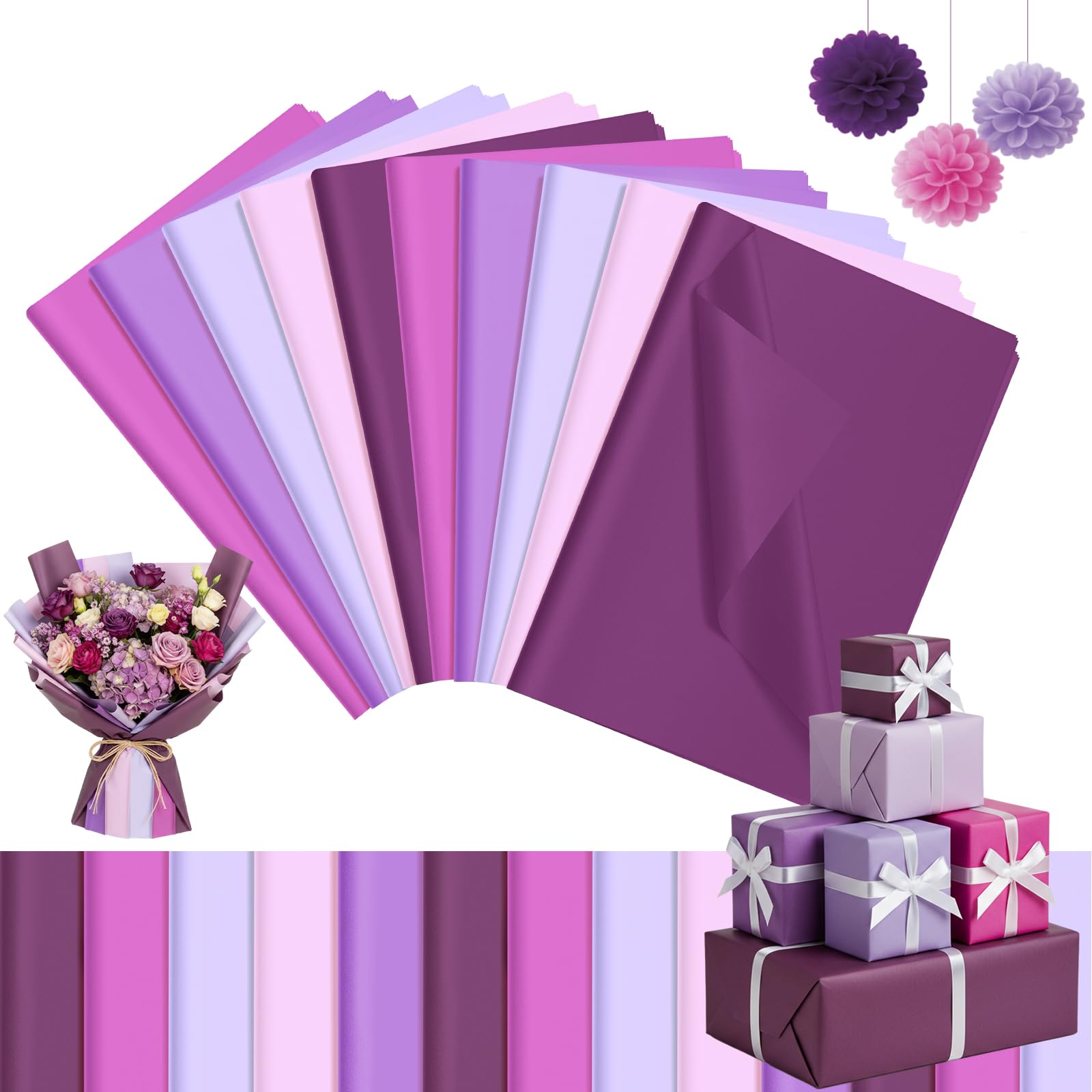 Qilery Lot de 500 feuilles de papier de soie violet dégradé pour sacs cadeaux, 38,1 x 50,8 cm, sans acide pour décoration d'Halloween, loisirs créatifs, fête amusante, emballage d'expédition