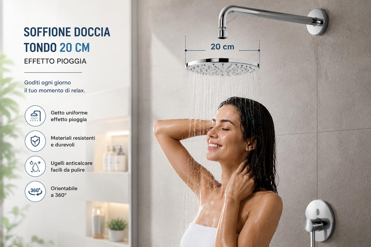 Soffione Doccia Rotondo 200mm Effetto Pioggia Acciaio Inox 304 Soffione Cromato