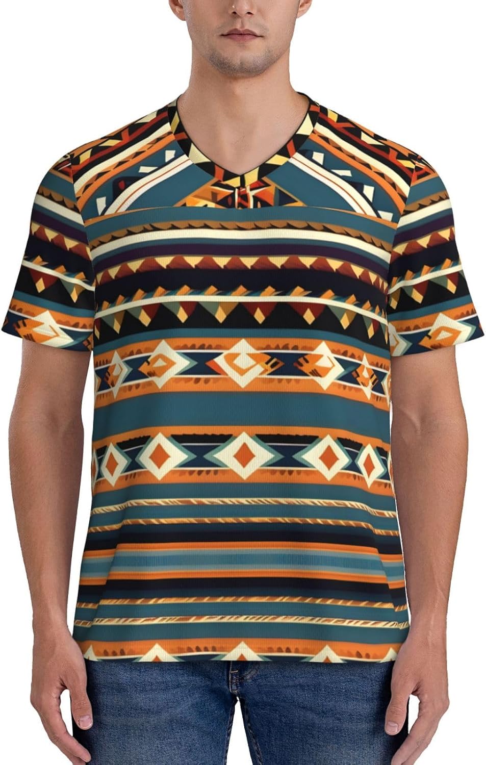 Native American Pattern Rugby Football Jersey for Men, Comfortable V-Neck Loose Fit Top for Team Sports Athletics