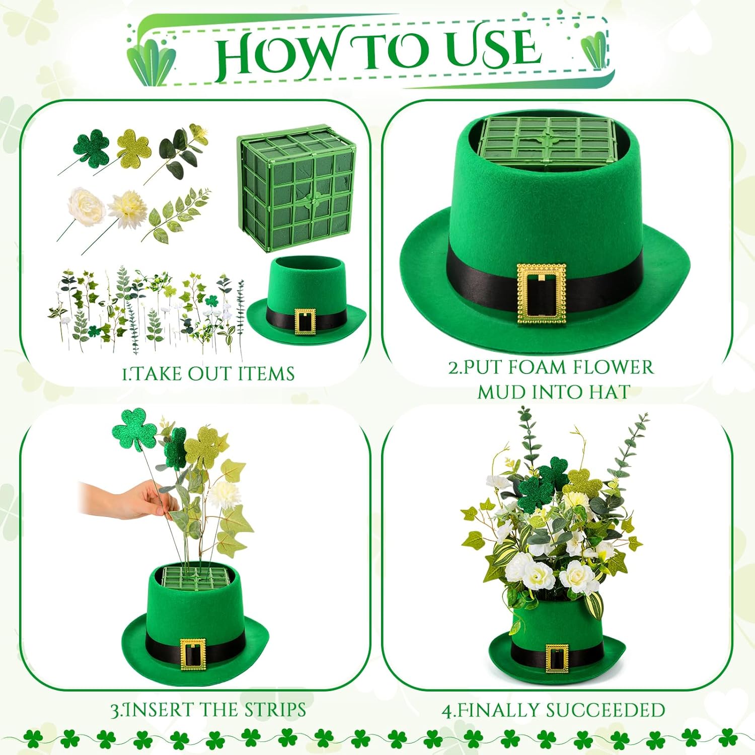 Hotop St. Patrick's Day Hat Flower Pot Set Irish Leprechaun Green High Top Hat Buckle Flower Arrangement Container Simulated Bouquet with Shamrock St. Patrick's Day Holiday Supplies