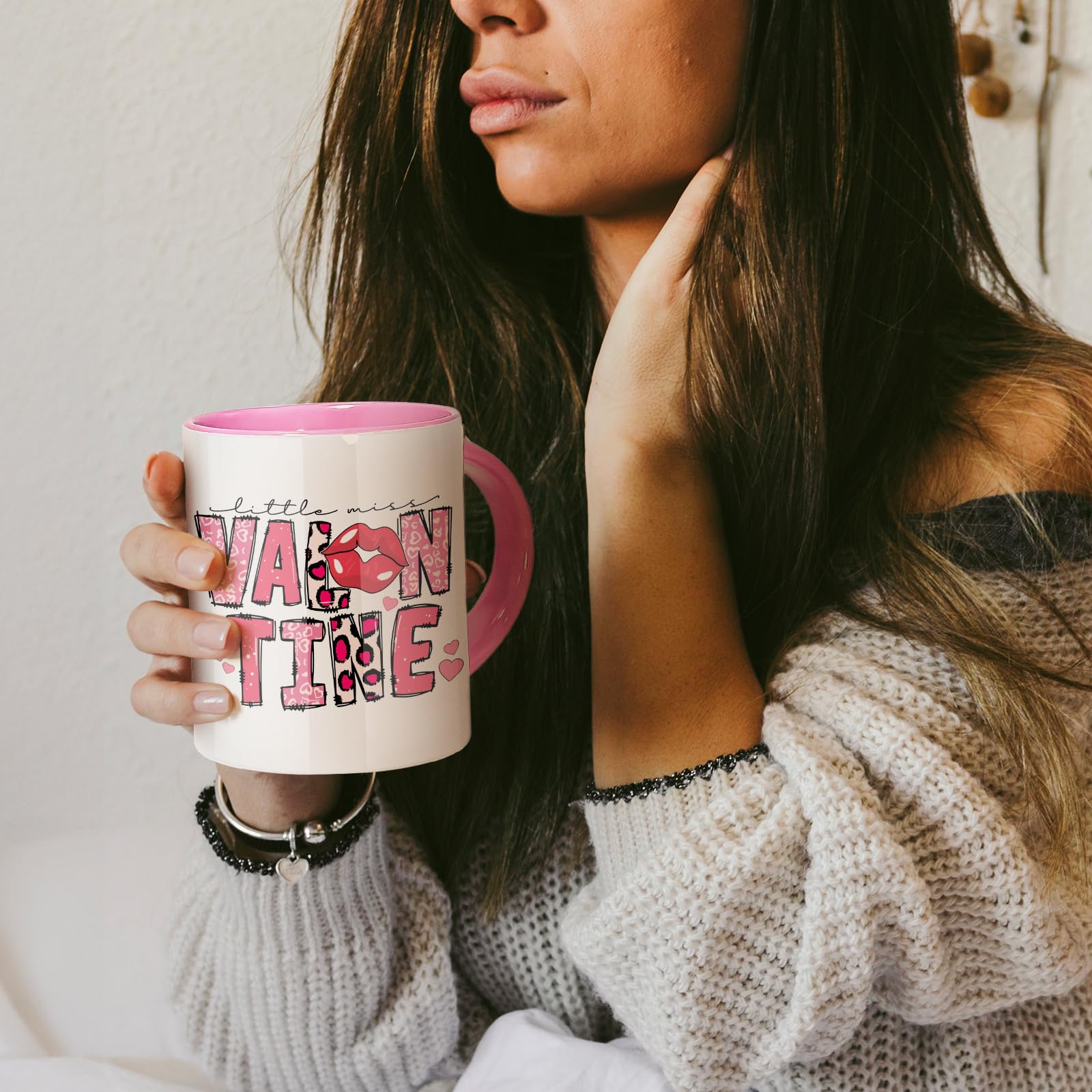 AGH Tazas de café por sublimación en blanco de 11 onzas, tazas de cerámica rectas blancas con interior rosa, asa, cuchara, paquete a granel de 12