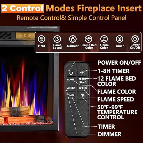 Miniatura 5 de Joy Pebble Inserto de chimenea eléctrica de 37 pulgadas, calentador de chimenea eléctrico empotrado de 750 W1500 W, 5 colores de llama ajustable y 5