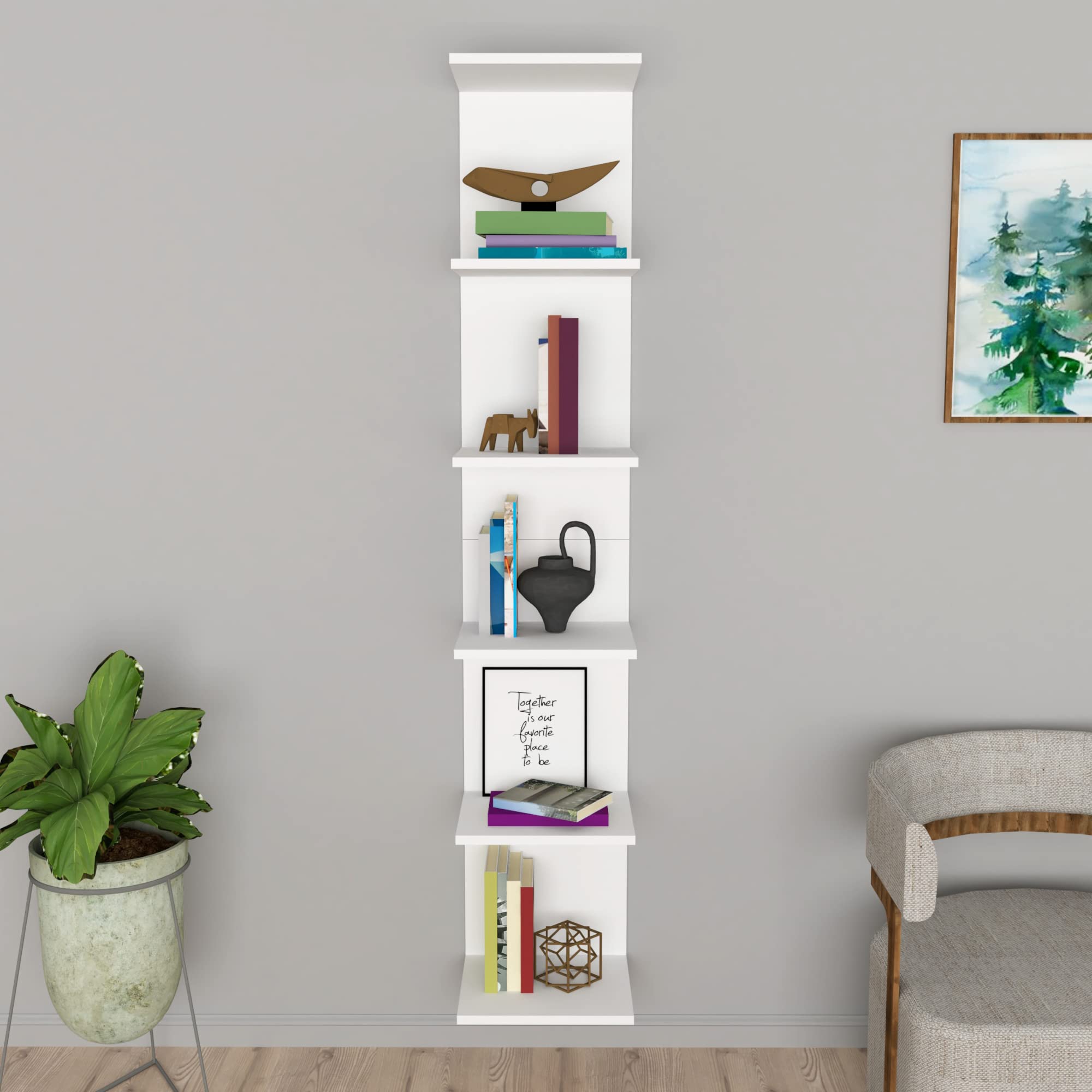 [en.casa] Mensola da Parete Sospesa con 6 Ripiani Scaffale Verticale a Muro Libreria Pensile per Libri Decorazioni Soggiorno Studio Ingresso 180x35x32 cm - Bianco