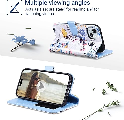 Miniatura 3 de ULAK Funda de piel sintética de primera calidad con tarjetero y función atril para iPhone 15 de 6.1 pulgadas, diseño floral de piel sintética con