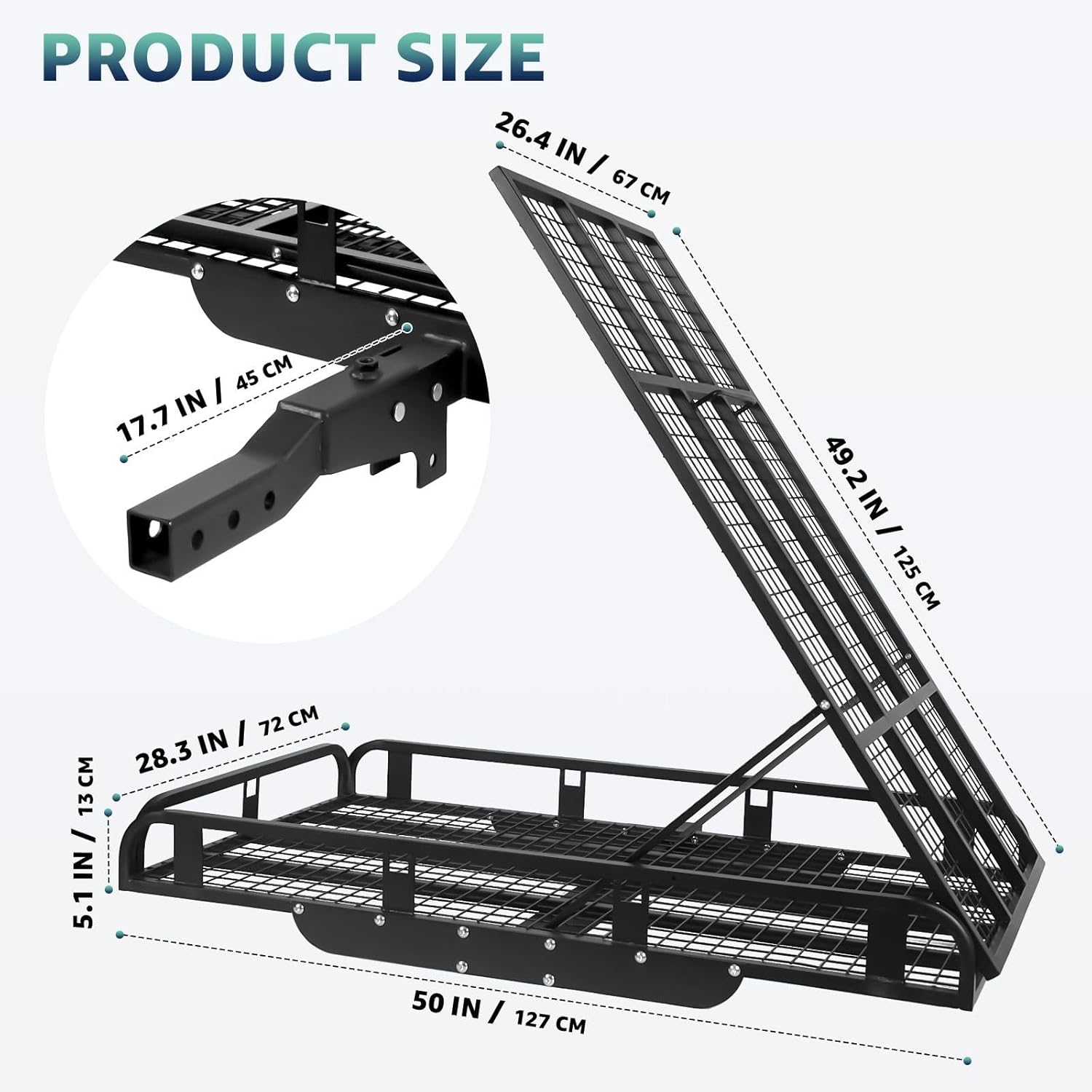 Hitch Cargo Carrier for 2 Inch Receiver, 800LB Capacity Heavy Duty Cargo Basket, Includes Folding Ramp, Stabilizer and Tie-Down Straps, Folding Platform for Truck SUV Van