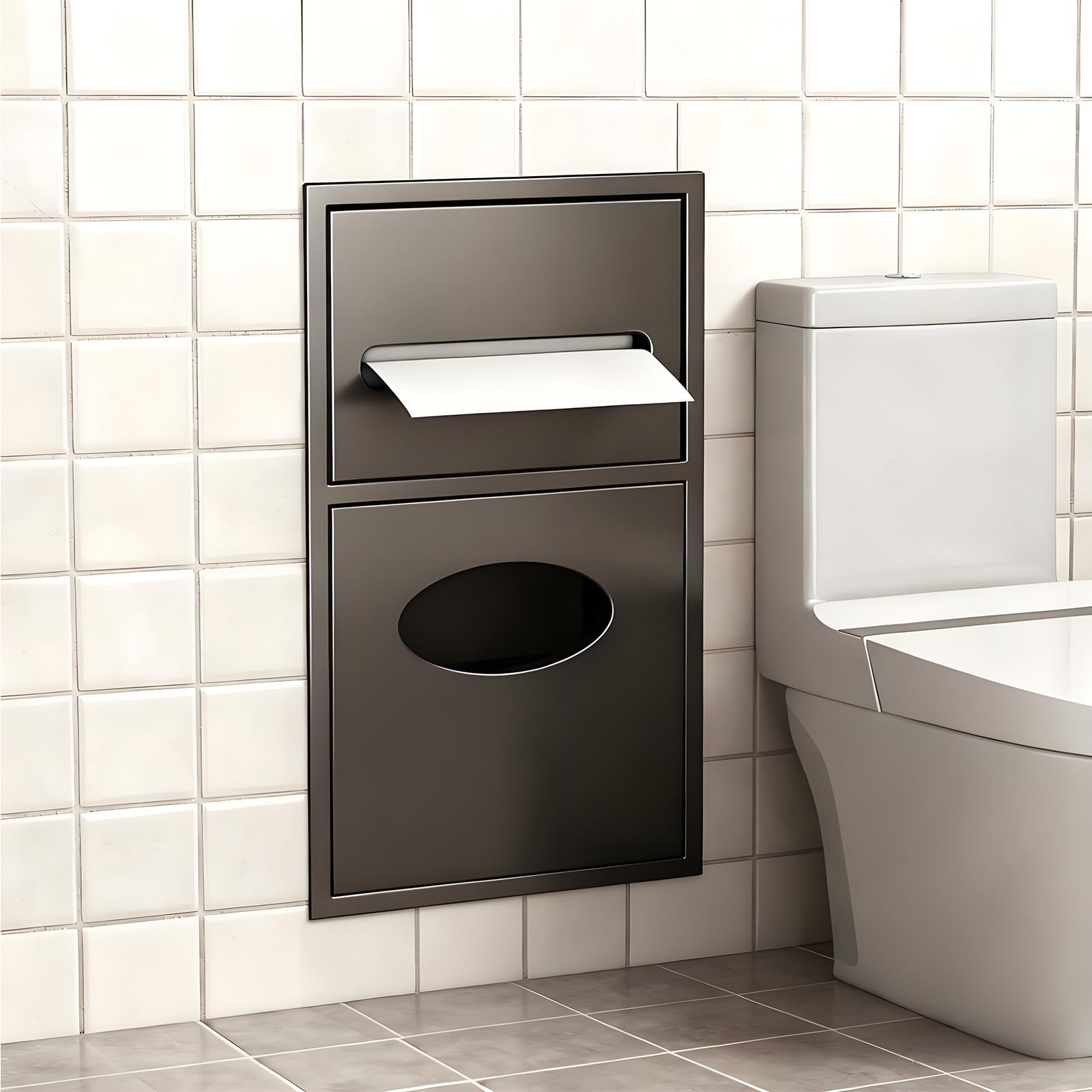 Recessed Toilet Paper Holder with Built-In Trash Can, Space-Saving Rack, Waterproof Organizer for Bathroom