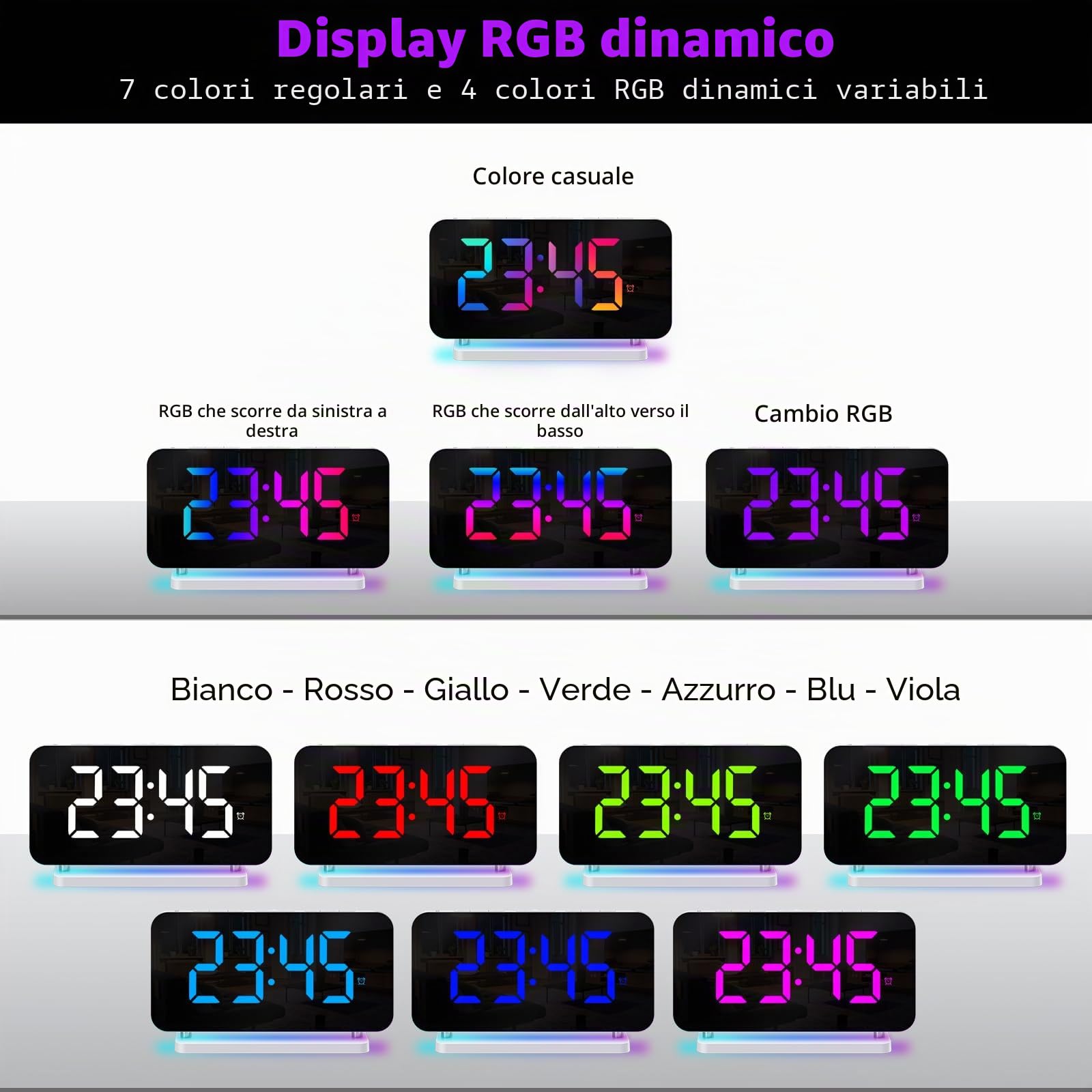 Orologio digitale con luce notturna, sveglia colorata, 10 RGB, luce atmosferica, 5 livelli di volume, dimmer auto, doppia uscita, orologio da comodino per dormire, bianco
