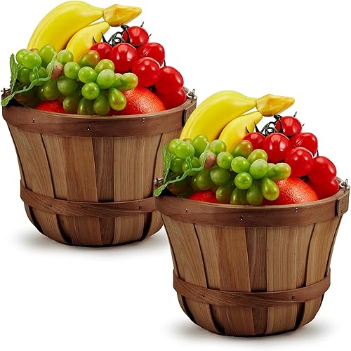 Miniatura 8 de Tatuo 2 cestas redondas de madera de manzana con asa de madera y fresa, cestas de servicio de alimentos, cesta de cosecha de otoño, cesta de Pascua