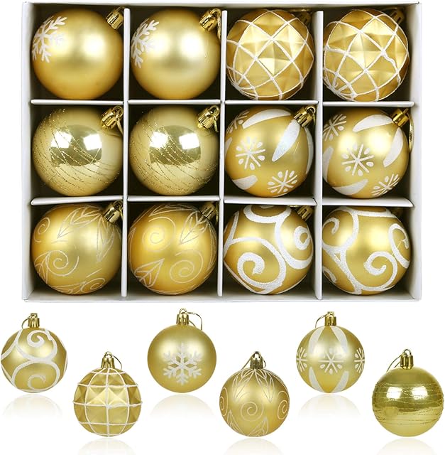 LIHAO 12 PCS 60mm Christmas Ball Ornaments Gold Christmas Tree Ornaments Baubles Set Christmas Ball Ornament Gold Shatterproof Christmas Tree Decoration Balls
