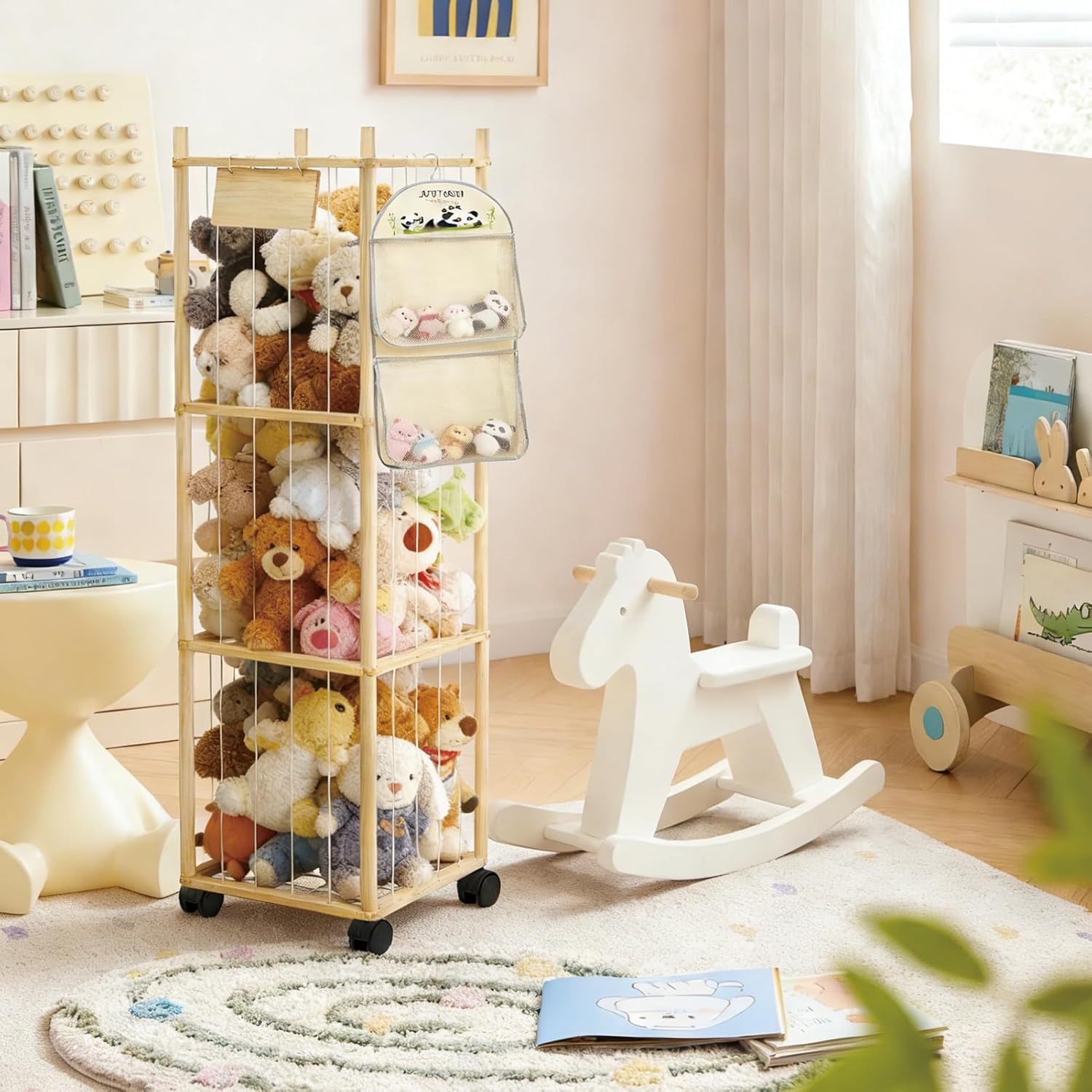 Thick&Thin Stuffed Animal Storage & Organizer, Wooden Zoo Toy Holder with Net, Large Plushies Storage with Wheels, Space Saving Design Toy Organizer for Playroom & Bedrooms - Image 2