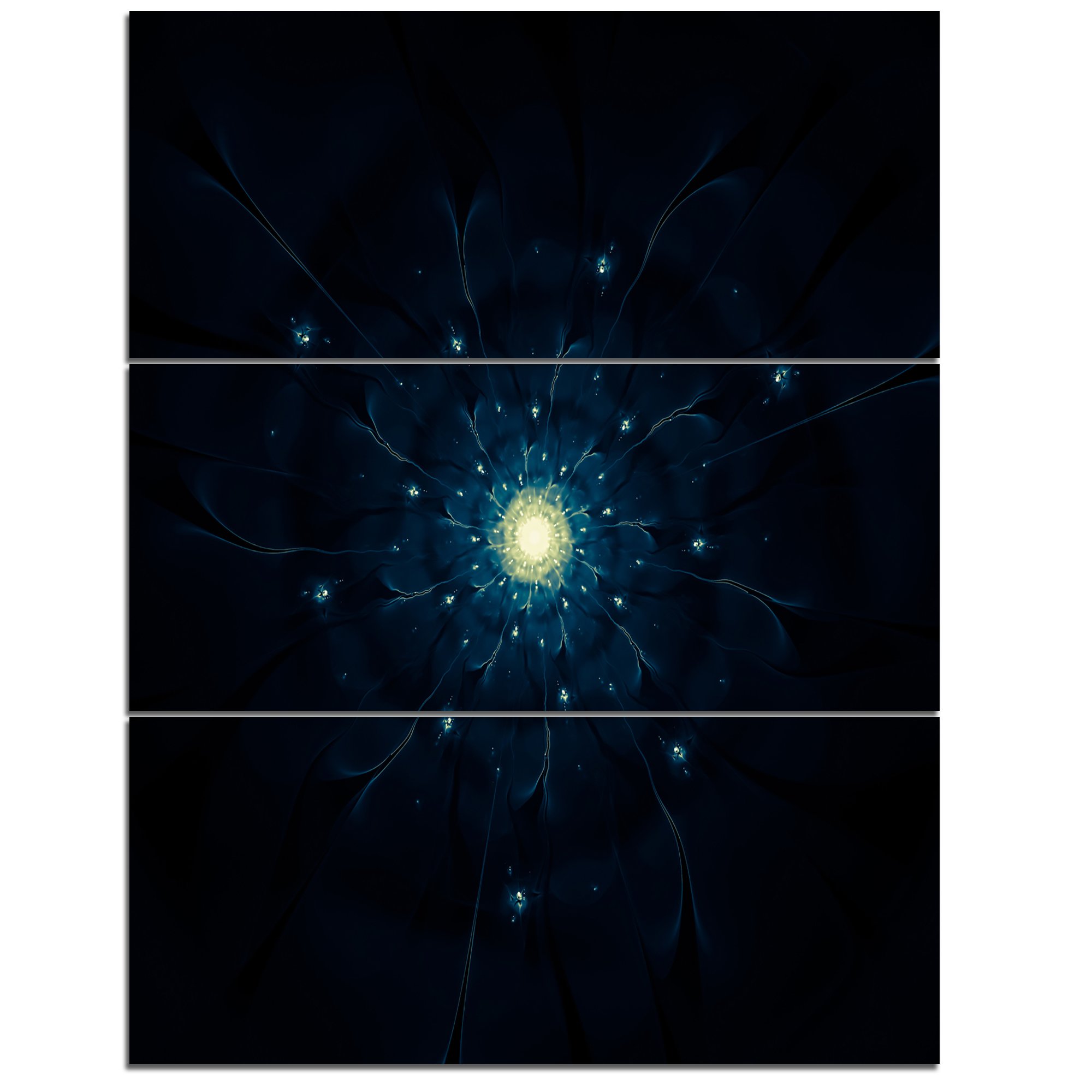 designart glowing fractal flower blue on black-floral canvas artwork print-28x36 3 piece, 28'' h x 36'' w x 1'' d 3p