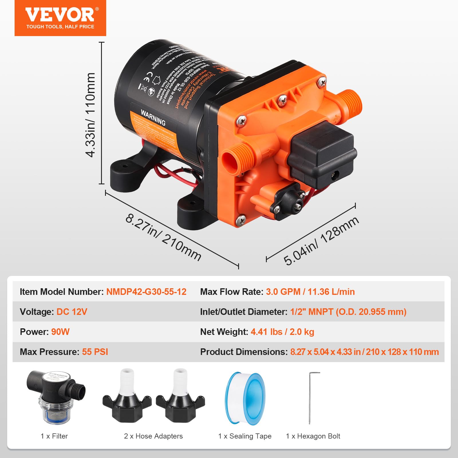VEVOR Bomba de Diafragma 12 V 11,36 L/min 4 Cámaras 40-100 PSI 55 PSI Puerto MNPT 12,7mm