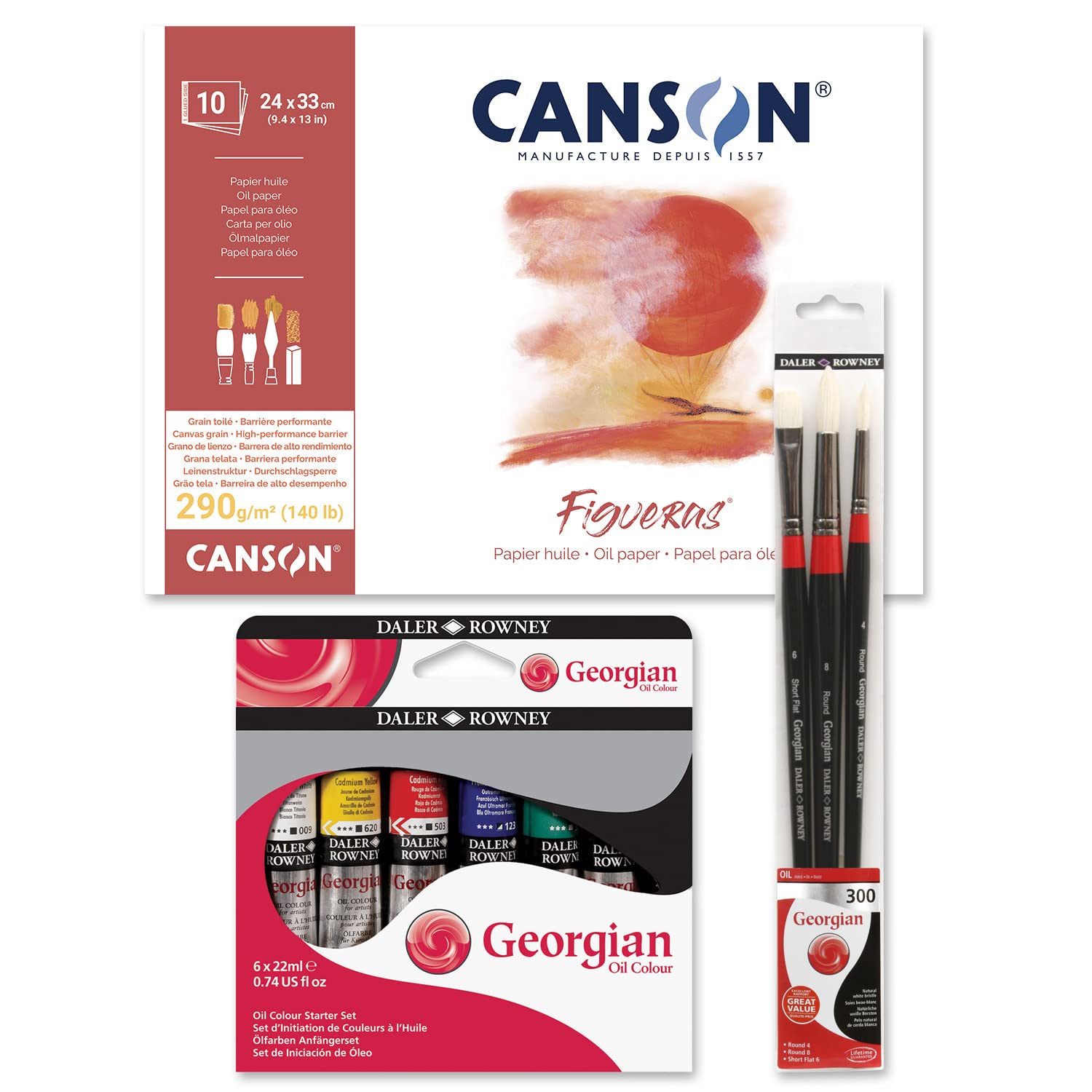 Zestaw Bloc Canson Figueras z 10 arkuszami 290g, zestaw leo Starter Georgian z 6 rurkami do malowania 22 ml i zestaw 3 szczotek Georgian z długim uchwytem Idealny do leo - Biuro