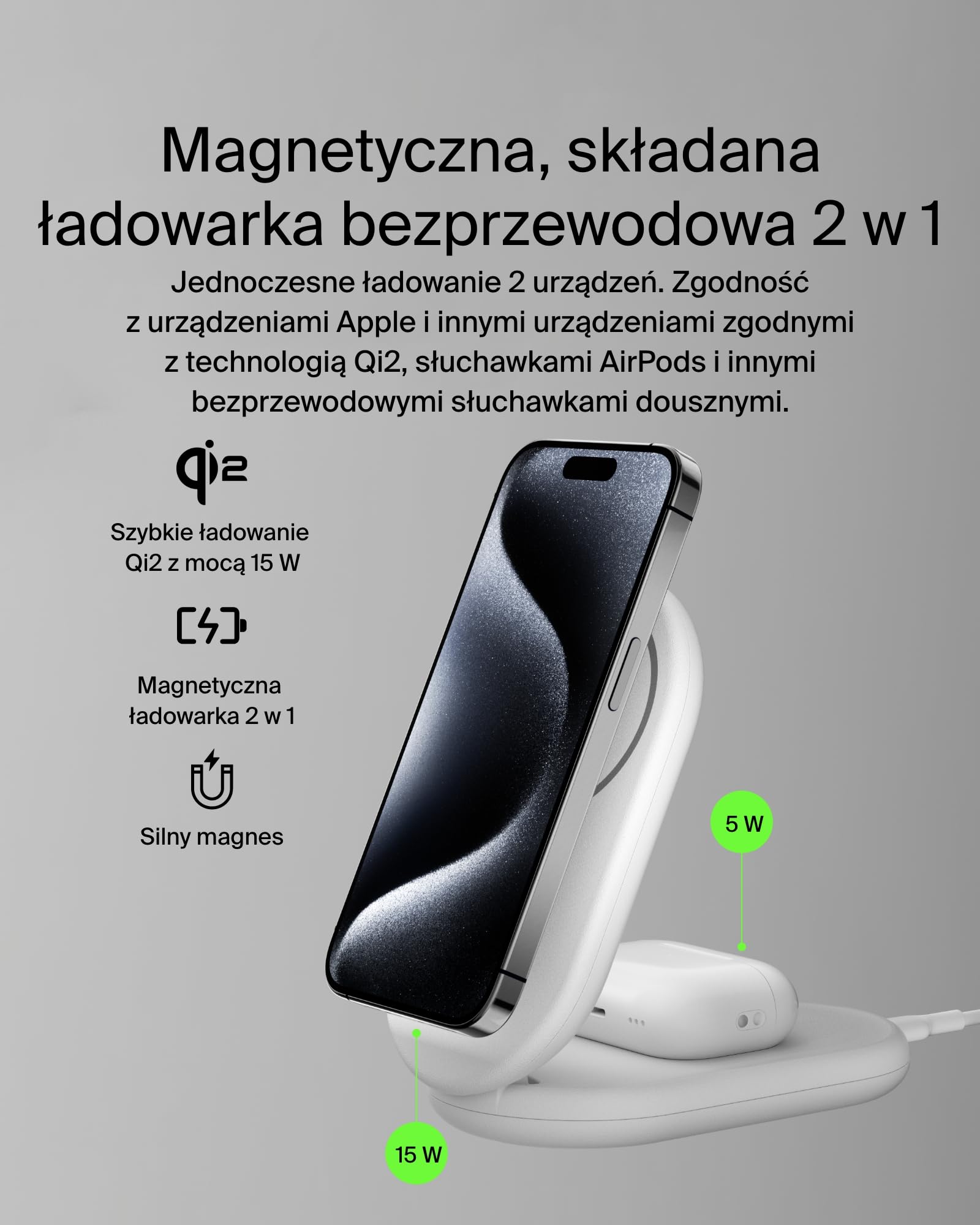 Belkin BoostCharge magnetyczna, składana ładowarka Qi2 2 w 1 o mocy 15 W, ładowarka bezprzewodowa zgodna z MagSafe do Apple iPhone 16/15/14/13, z antypoślizgową podstawą, zasilacz w zestawie – biała