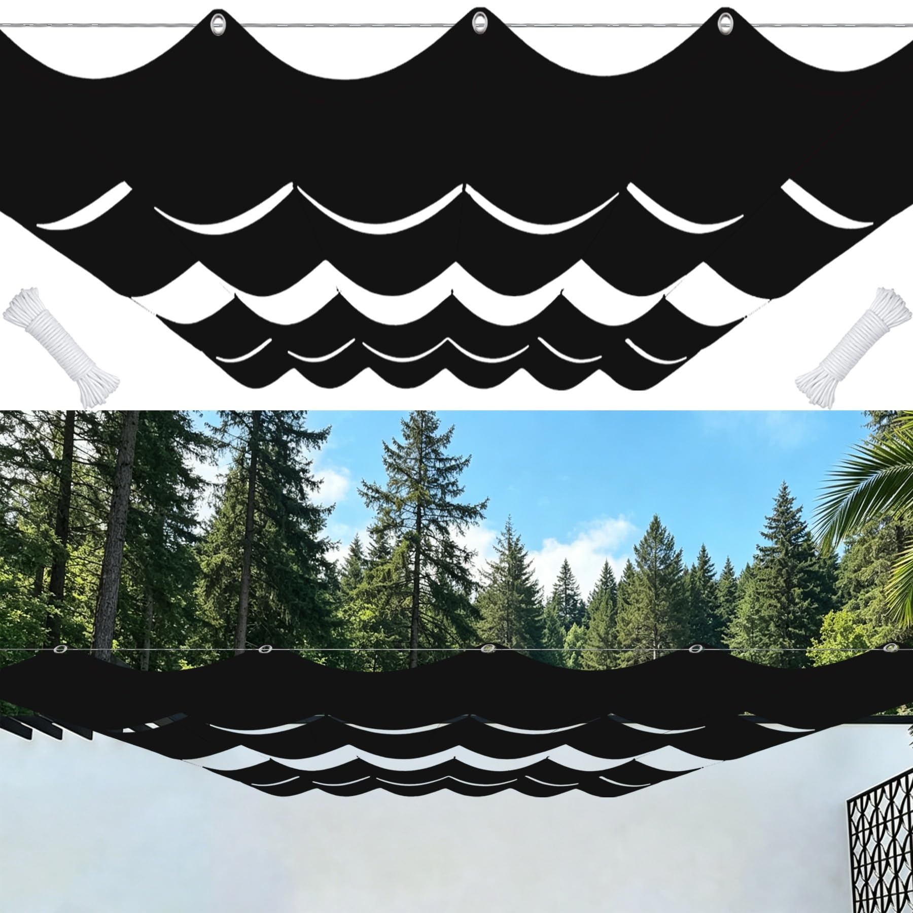 Voile d'ombrage vague rétractable 410x460 cm noir imperméable pour pergola et terrasse