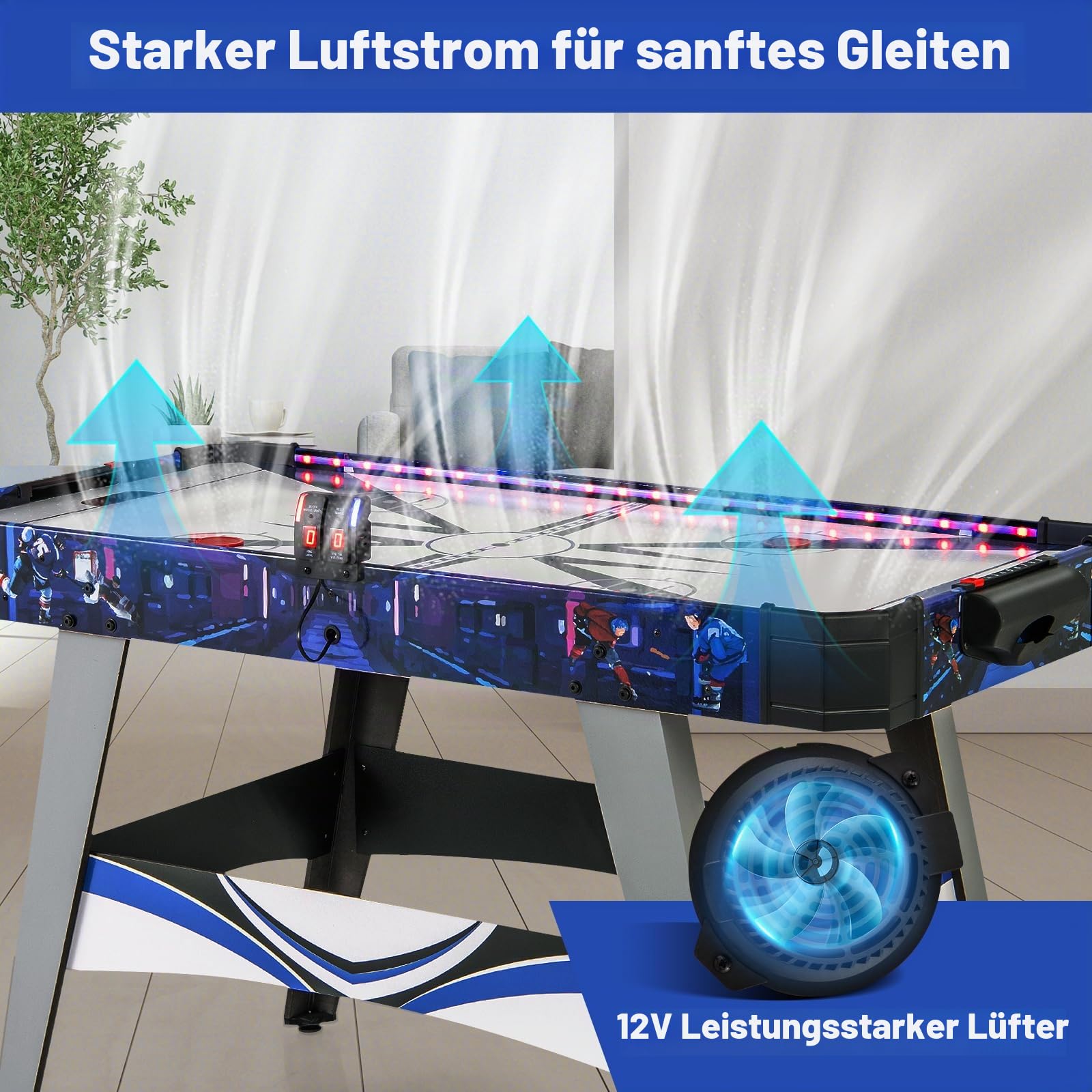 HOMASIS Airhockey Tisch, Air Hockey Spieltisch mit elektronischem 12V-Motor & LED-Anzeigetafel, Tischhockey inkl. 2 Pucks & 2 Schiebern, Airhockeytisch Lufthockey Speedhockey für Kinder & Erwachsene