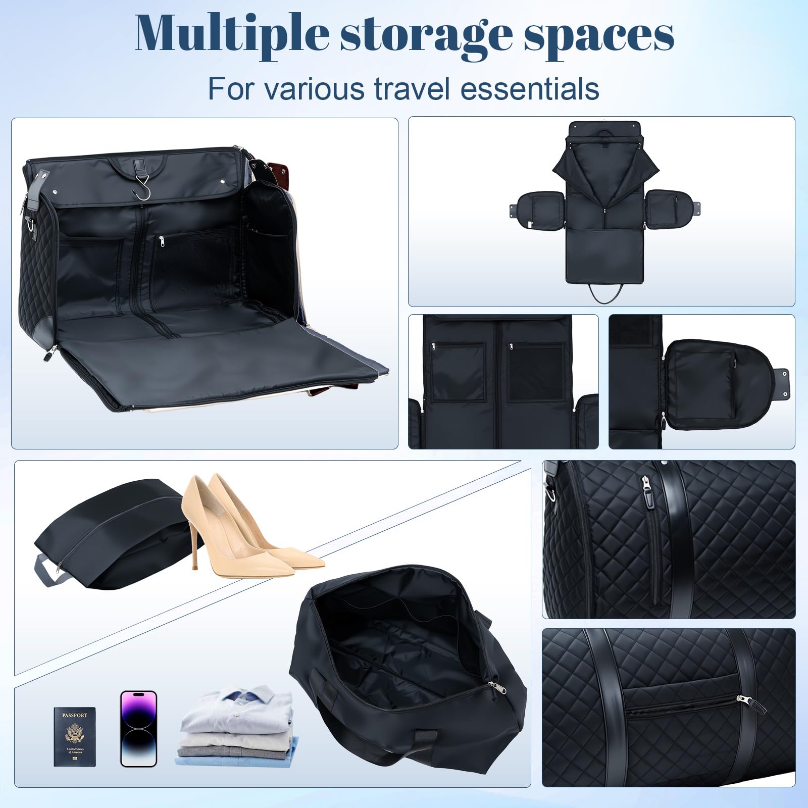 GARPROVM Anzugtasche Reisetasche für Damen, 3 in 1 Umwandelbar Kleidertaschen 2 Säcke Design mit Abnehmbar Handgepäck, Wasserdicht Wochenende Kleidersack Tasche für knitterfreie Reise (Schwarz)