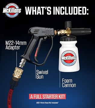 McKillans Pressure Washer Gun with Swivel & Foam Cannon Wide Mouth & M22-14mm Adapter - Adjustable Thick Foam - Power Washer Gun - 3/8 Male Plug & 1/4 Quick Connector Coupler
